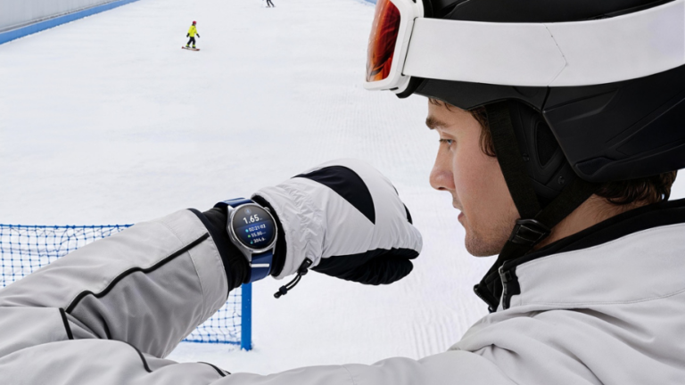 Lyžař v helmě a rukavicích kontroluje sportovní statistiky na hodinkách Huawei Watch GT 7 na sjezdovce.