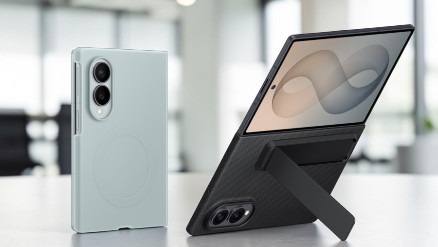 Dva telefony Samsung Galaxy Z Fold8 na stole, jeden v ochranném silikonovém krytu s magnetem a druhý rozložený v karbonovém krytu se stojánkem.