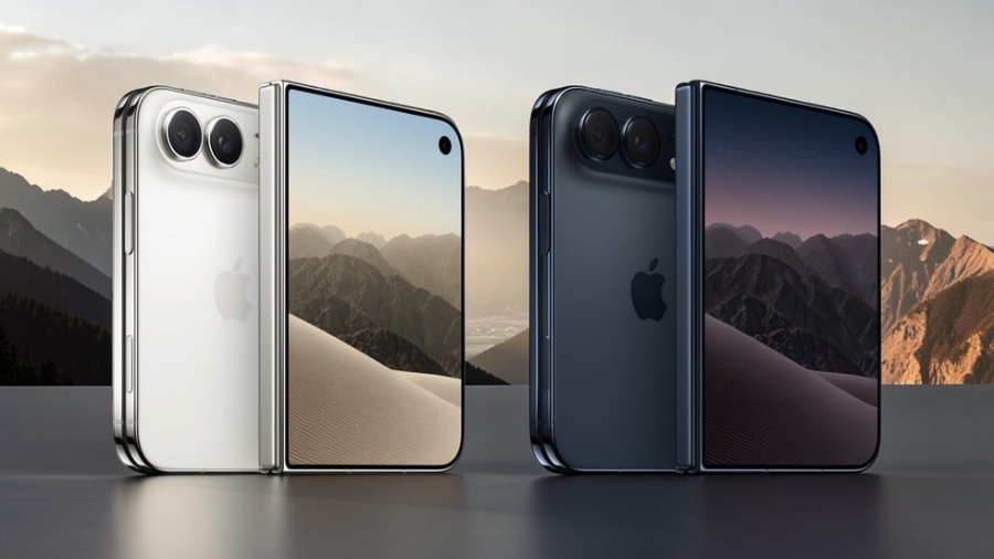 Dva skládací telefony iPhone Duo vedle sebe, zleva v nebesky bílé a zprava v soumračně modré barevné variantě, zobrazené v pootevřeném stavu na pozadí s horskou krajinou.