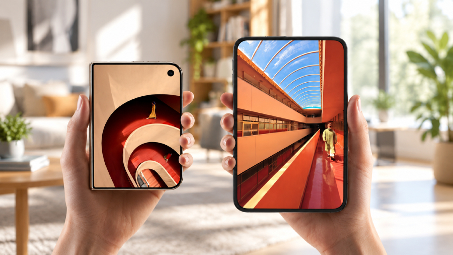 Ruce člověka držící vedle sebe zavřený iPhone Duo v levé ruce a plně rozevřený iPhone Duo v pravé ruce, což ukazuje přímé srovnání velikosti vnějšího a velkého vnitřního displeje v interiéru obývacího pokoje.