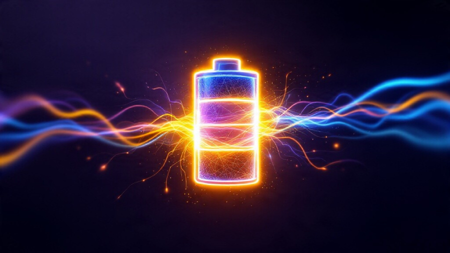 Abstraktní grafické znázornění dvoubateriové soustavy pro iPhone Duo s plně nabitou svítící baterií uprostřed, kterou obklopují zářící energetické vlny a jiskry značící rychlé 60W nabíjení.