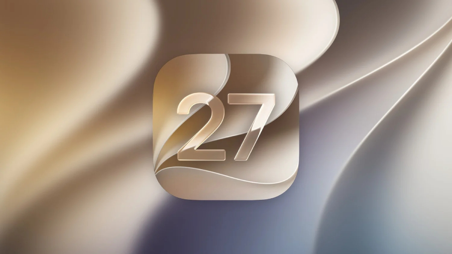 Logo operačního systému iOS 27 se zobrazeným číslem 27 uprostřed zaoblené ikony, které je navržené v elegantních béžových a zlatých tónech pro skládací telefon iPhone Duo.