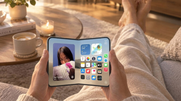 Detailní pohled na ruce ženy sedící na pohovce, která drží rozevřený skládací iPhone Duo s domovskou obrazovkou systému iOS plnou widgetů a aplikací.